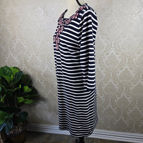 Talbots Petite Size Large Blue White Striped Shift Dress 3/4 Sleeve Embroidery - Picture 5 of 10